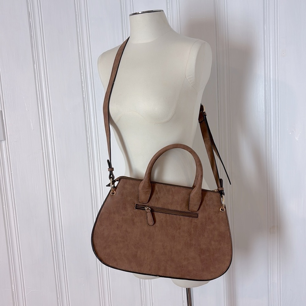 NWOT Faux Suede Satchel-Style Crossbody Handbag with Tassel & Gold Studs - Picture 2 of 7